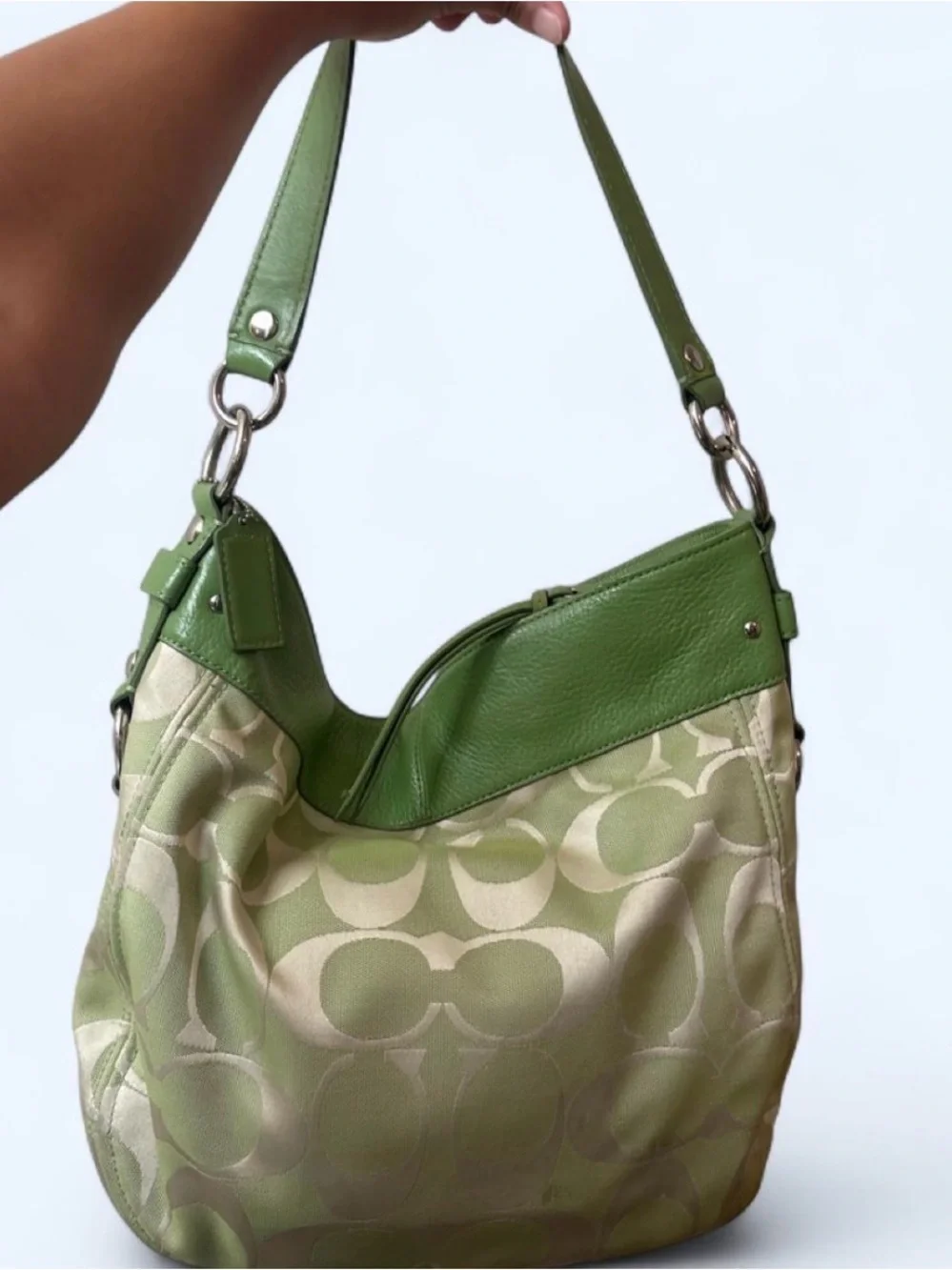 Large Vintage Coach Zoe Green Signature Hobo Shoulder Bag
